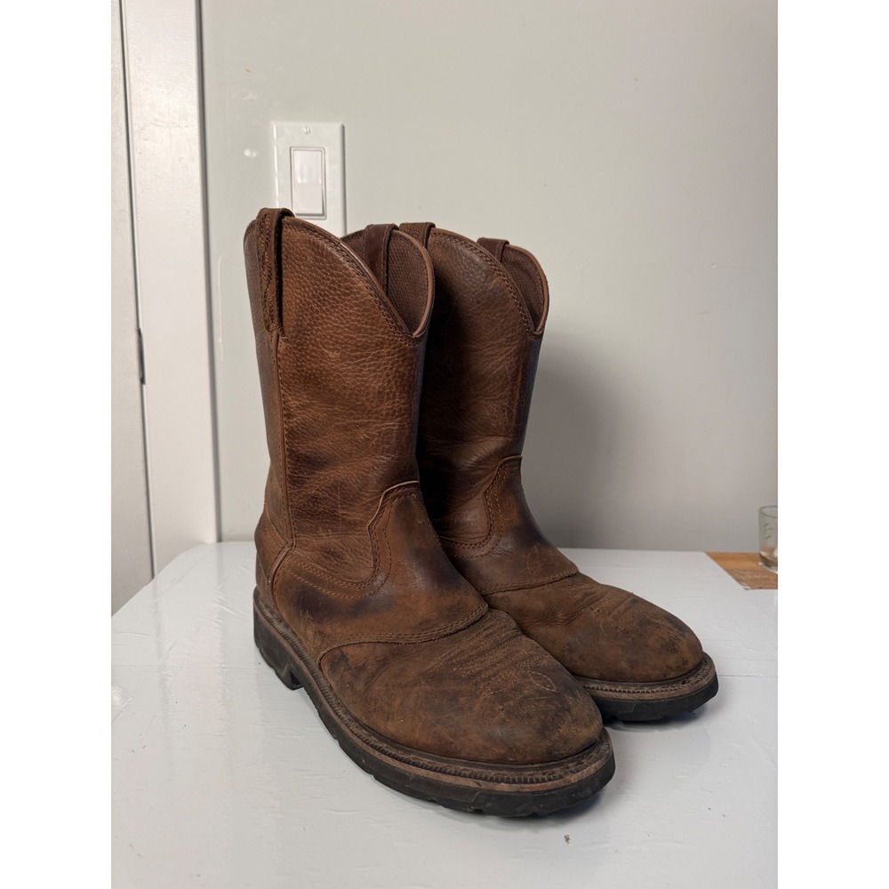 Cabelas Mens Pull-On Western Work Boots Brown Leather 8.5D 41.5D